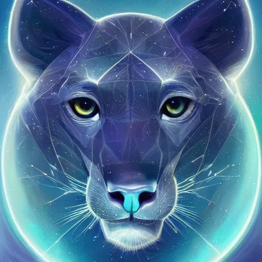 Image similar to Geometric symmetrical fossa with galaxy eyes in space, nebula in the background, intricate, elegant, highly detailed, digital painting, artstation, concept art, smooth, sharp focus, illustration, art by artgerm