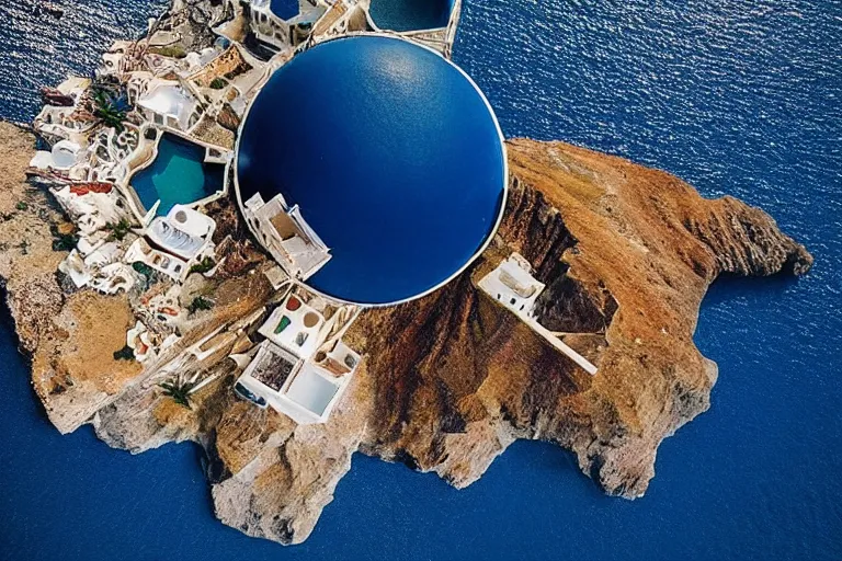 Image similar to spherical island Santorini in space by Wes Anderson in , film, shot on 35 mm