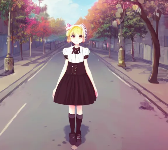 Prompt: a cute boy wearing a lolita dress, he is walking in a busy street, anime art, hd, smooth