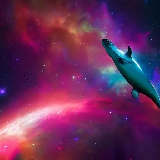 Image similar to A whale floating through the colorful cosmos containing multiple nebula, rendered in unreal engine 5