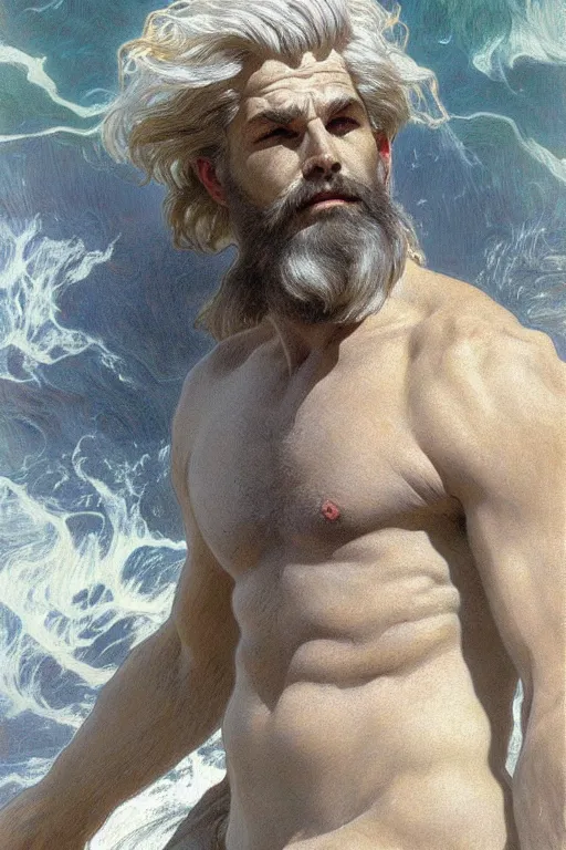 Prompt: painted portrait of rugged zeus in the ocean, god of thunder, greek god, white hair, masculine, powerful, handsome, upper body, white robe, muscular, hairy torso, fantasy, intricate, elegant, highly detailed, digital painting, artstation, concept art, smooth, sharp focus, illustration, art by gaston bussiere and alphonse mucha