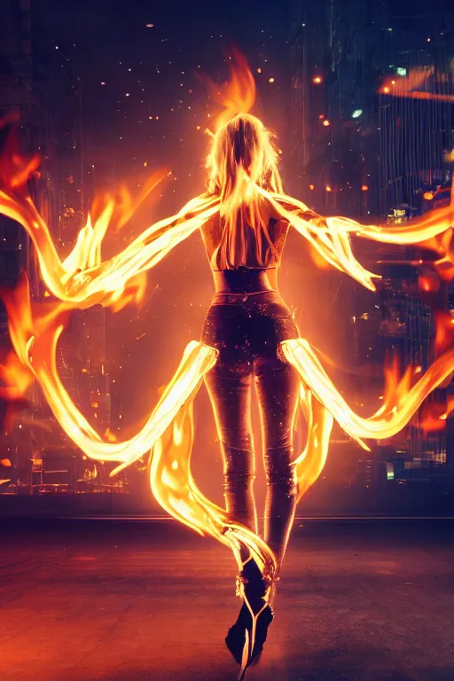 Prompt: young blonde woman from behind with flames dancing on her hands with a long jacket in a cyberpunk city, realistic, high definition, 4K, shimmering color, art of pixal