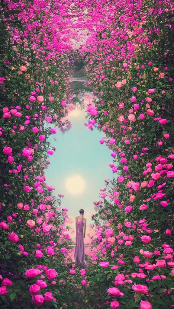 Prompt: a beautiful picture depicts a glittering fairy tale, like a colorful train surrounded by pink roses and fairyland, by caspar david friedrich, filmic, photoshoot, ray tracing reflections