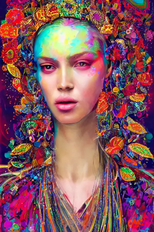 Image similar to a colorful psychedelic illustration of a fashion model wearing an alexander mcqueen beaded crown with beads hanging over her eyes, by magali villeneuve, artgerm, jeremy lipkin and michael garmash, rob rey and kentaro miura style, trending on art station