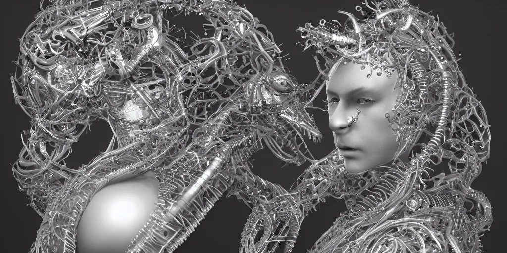 Image similar to hyperrealistic photography of a stunningly beautiful cyborg male, consciences being installed sci - fi, intimate, intricate filigree, fibonacci, in the style of beth cavener, jin kagetsu, and wlop, highly detailed, chrome face symmetry, masterpiece, award winning, sharp focus, concept art, high key, ambient lighting, 8 k, octane render,