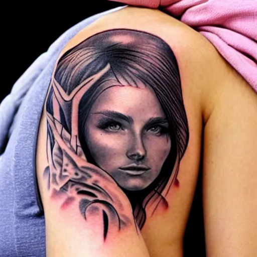 Prompt: tattoo realism design of a beautiful girl with a mountain scenery next to her, hyper realistic