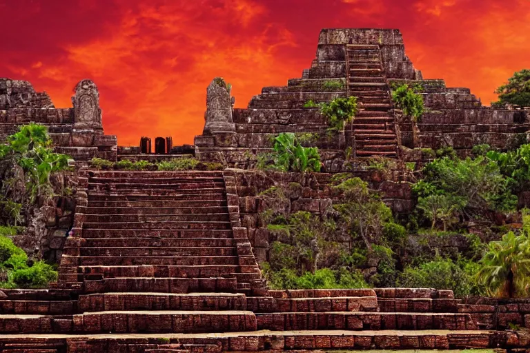 Prompt: ornate detailed aztec temple, flowing blood down steps, jungle setting, red sunset sky