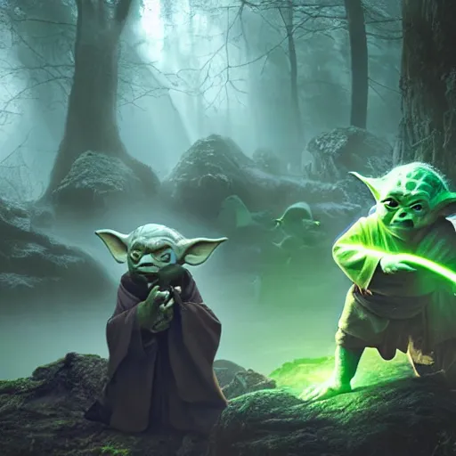 Prompt: various members of yoda's species interacting with eachother and performing strange rituals on their home planet, award winning nature photo 8 k hdr amazing lighting