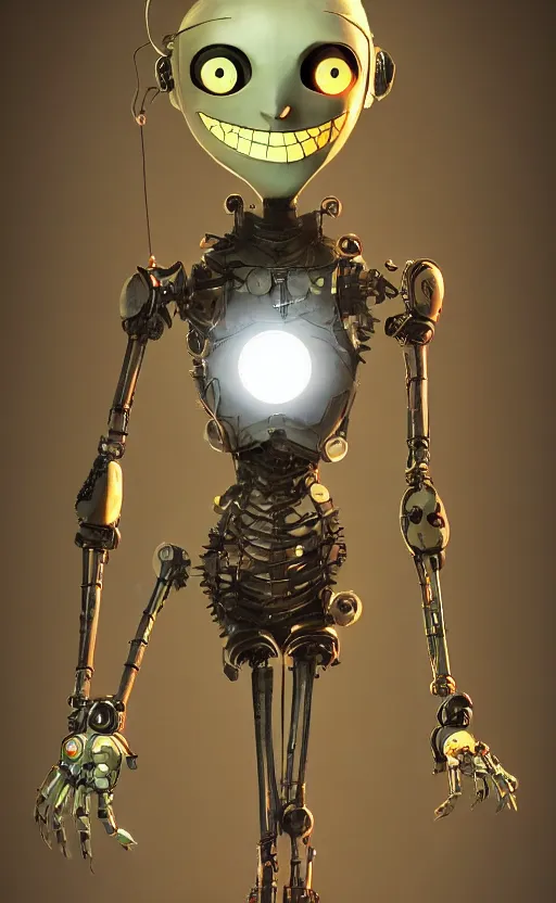 Image similar to a robot in the style of the stop motion movie coraline, dynamic lighting, fantasy concept art, trending on art station, stunning visuals, creative, cinematic, ultra detailed