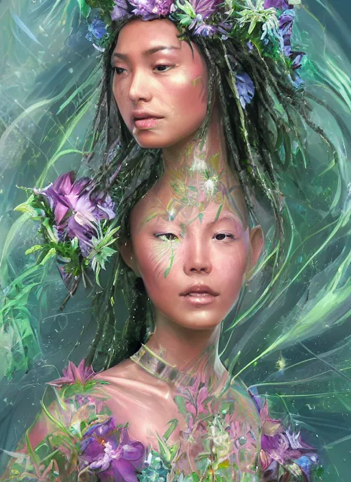 Image similar to portrait of Celestial Hawaiian Goddess of the Multiverse as a futuristic princess, inside future fighter, pink blush, rule of thirds, face anatomy, sci-fi, fantasy, intricate, lush garden spaceship, elegant, human anatomy, royal green and nature light, highly detailed, digital painting, artstation, concept art, smooth, sharp focus, illustration, art by tian zi and WLOP and alphonse mucha