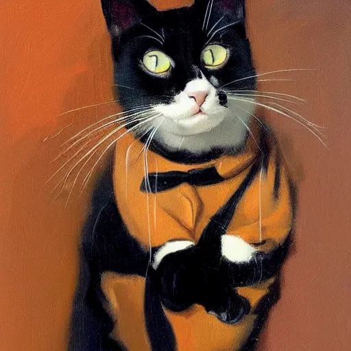 Prompt: playful cat, plain background, ( in the style of jc leyendecker ), phil hale, angular, brush strokes, painterly, crisp, portrait of a cat, cat portrait painting