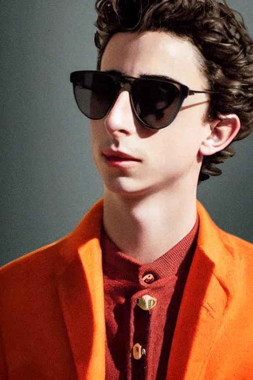 Prompt: Timothee Chalamet wearing GUCCI, portait photo, profile picture, hyperrealistic, concept art, orange sunglasses, day time, octane render, unreal engine 5, digital art, high quality, highly detailed, 8K, cute, defined face, elegant clothes, trending on DeviantArt