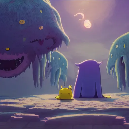 Image similar to amazing cute monster creature ,a screenshot from adventure time, by Salvador dali and Makoto Shinkai