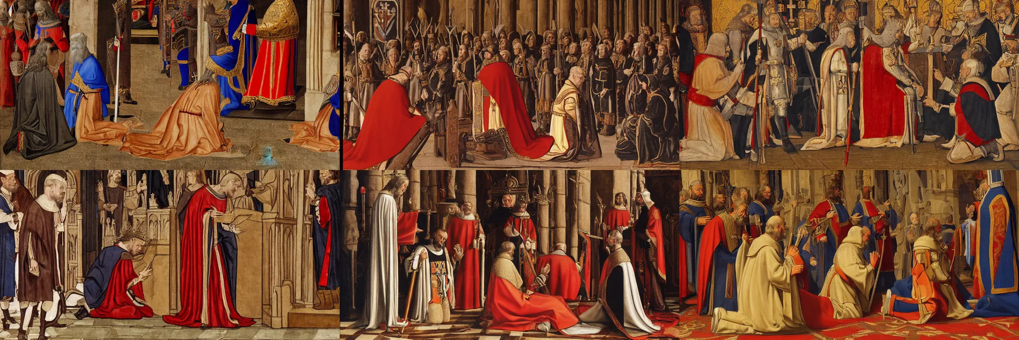 Prompt: painting of a medieval king kneeling before the pope, in a church. medium shot, by john buxton