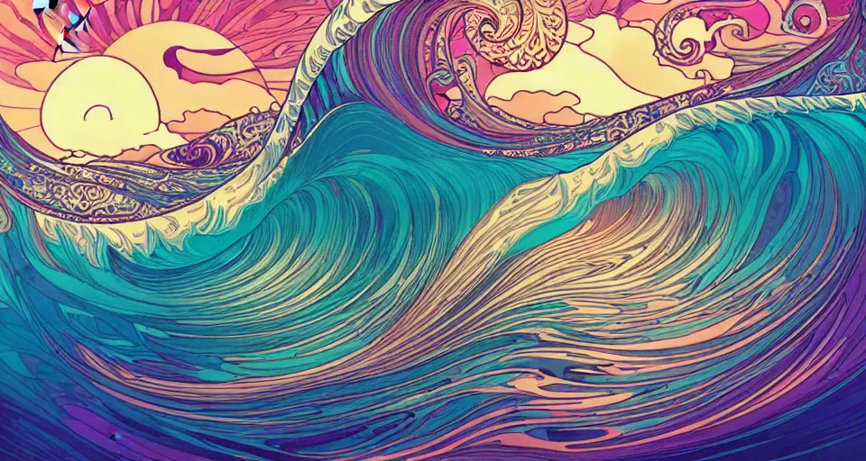 Prompt: [ palate ] [ muted colors ] crazy psychedelic 🌊 ocean waves, luxury yacht crossing the ocean, paisley swirls and ripples, backlit, sunset, refracted lighting, outdoors, paisley pattern, elegant, 8 k resolution, intricate and fine details, digital painting, artstation, illustration, psychedelic ocean art, krenz cushart, alphonse mucha