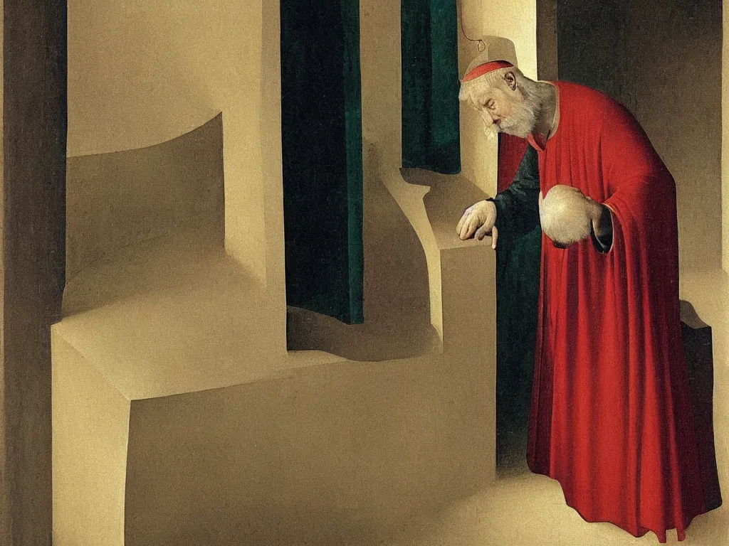 Prompt: old man looking out side the window. Painting by Fra Angelico.