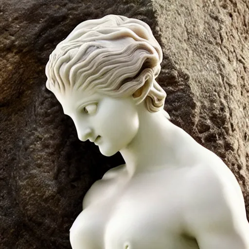 Prompt: female medusa statue with long hair, marble statue, conce beautiful delicate face, macro shot head, sea background