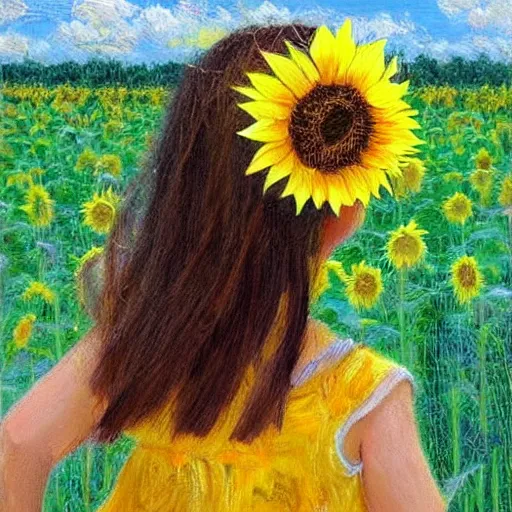 Image similar to a girl in amazing tall sunflower field, her hair flowing down, little sunflower in her hair, subtle, intricate details, real masterpiece, oil on canvas, by somsak anong