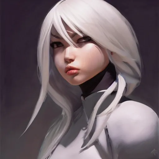 Image similar to greg manchess portrait painting of a 2 yorha type a no. 2 as overwatch character, white long hair, medium shot, asymmetrical, profile picture, organic painting, sunny day, matte painting, bold shapes, hard edges, street art, trending on artstation, by huang guangjian and gil elvgren and sachin teng