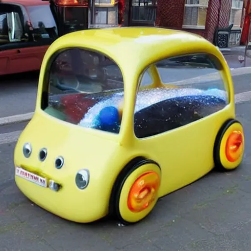 Prompt: a car made out of jelly driving on custard