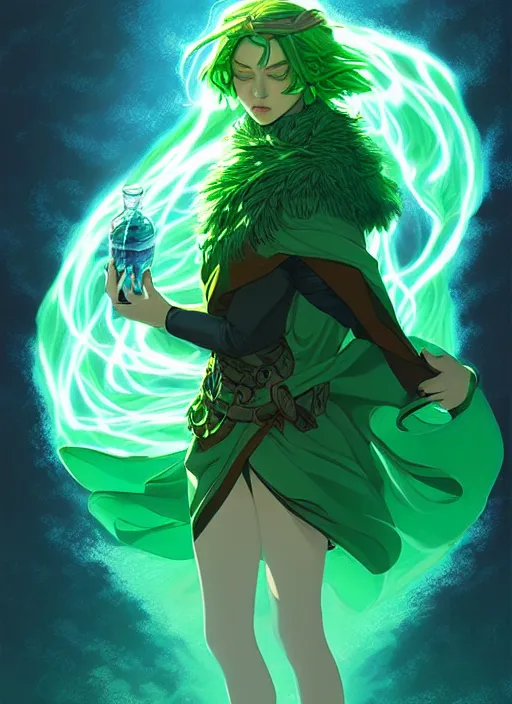 Image similar to style artgerm, joshua middleton, illustration, john krasinski as druid wearing green pelt light armor, anime eyes, blue hair, swirling water cosmos, fantasy, dnd, cinematic lighting