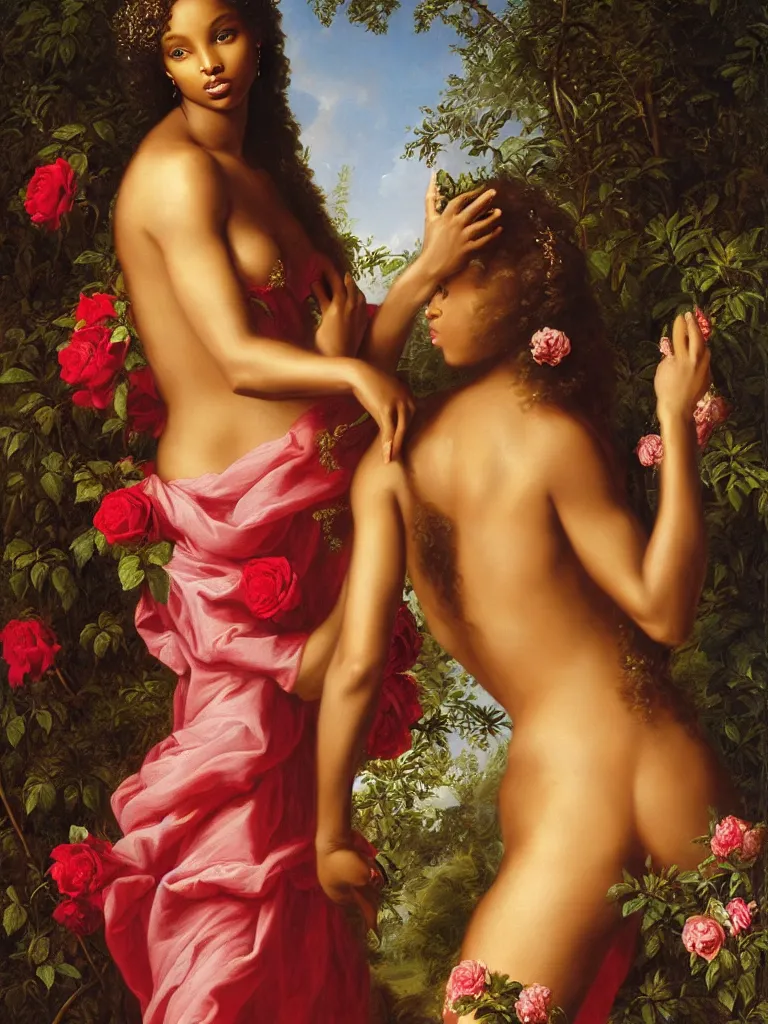 Prompt: regal portrait of jasmine tookes as aphrodite, goddess of love : : background of roses : : rococo, academicism