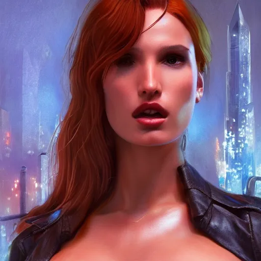 Image similar to bella thorne, hyperrealistic full figure, bladerunner street, art of elysium by frank frazetta, fantasy art, photo realistic, dynamic lighting, artstation, full figure poster, volumetric lighting, very detailed face, 4 k, award winning