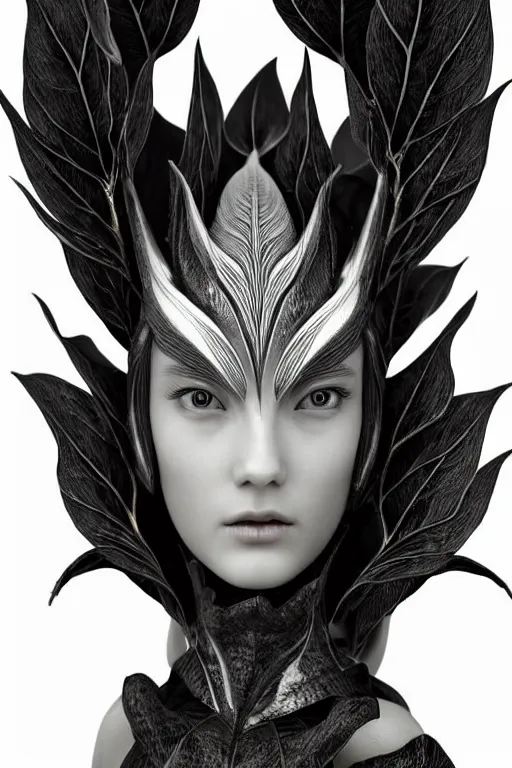 Image similar to bw close - up profile face, black background, beautiful young porcelain vegetal - dragon - cyborg - female, 1 5 0 mm, beautiful natural soft rim light, silver gold details, magnolia leaves and stems, roots, mandelbot fractal, elegant, ultra detailed, white metallic armour, octane render, dora maar