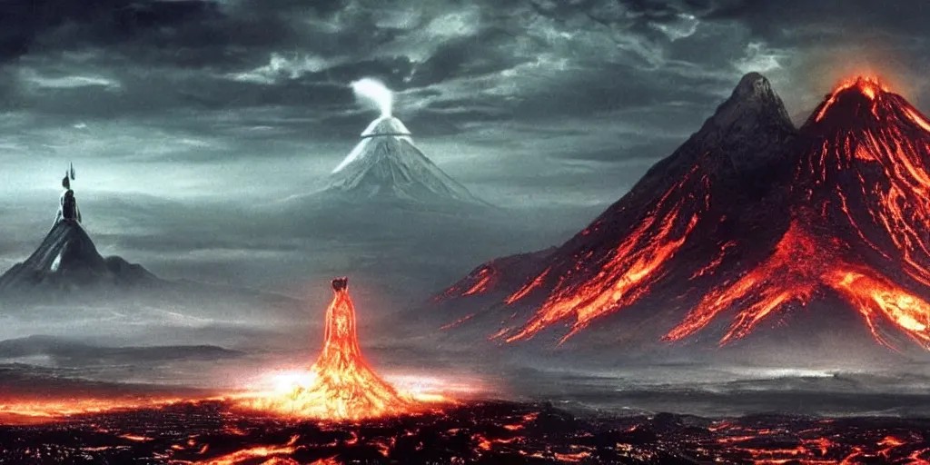 Image similar to lord of the rings movie still, directed by ridley scott in the style of h. r. giger, landscape of mordor with mount doom erupting in the background and barad - dur in the foreground, dark, cinematic, cinemascope