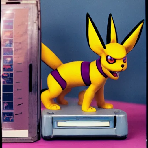 Image similar to 90s vignette photo of female Renamon from Digimon, wearing short denim shorts, standing next to a popular 90s car Polaroid picture, weathered artifacts