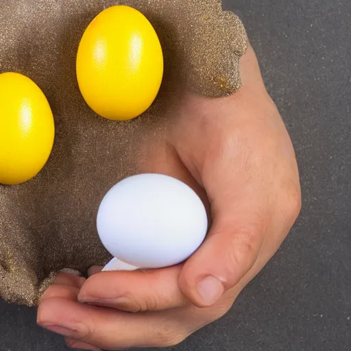 Image similar to verne troyer hatching from egg, medical lab, medical miracle, luminous yolk, messy egg dripping, cracked eggshell, he's holding handfuls of scrambled egg, easter surprise, golden lighting, textured shell