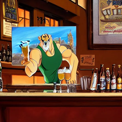 Prompt: A pint of beer sitting on a bar as painted by Don Bluth