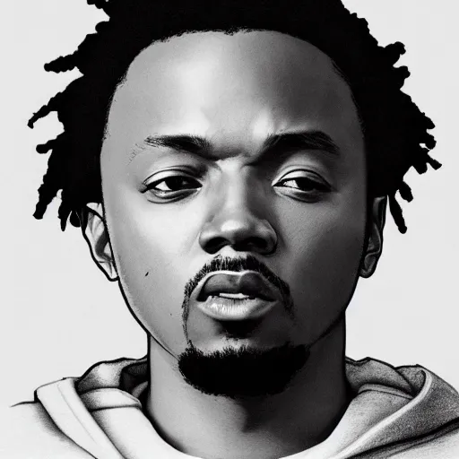 Image similar to kendrick lamar, anime style, wearing sweatshirt, shoulder eyes, last exile anime, symmetrical facial features, from arknights, hyper realistic, 4 k, rule of thirds, extreme detail, detailed drawing, trending artstation, realistic lighting, by alphonse mucha, greg rutkowski, short neck