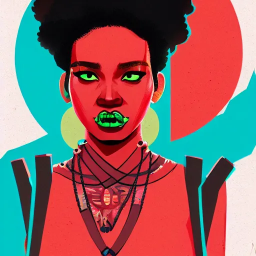 Image similar to Sachin Teng illustration of an afropunk female villain character, medium shot, asymmetrical, profile picture, outlines, rich colours, , trending on artstation, by Sachin Teng