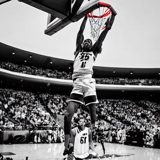 Image similar to ja morant doing a slam dunk cinematic shot 35mm