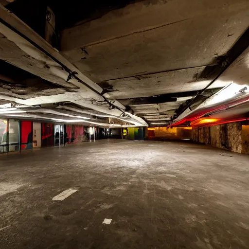 Image similar to wide angle shot of an underground club which is located two floors underground in parking a lot with minimal hip - hop lighting design which can be seen from the street