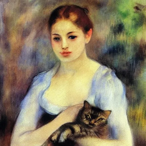 Prompt: Ciri holding a cat, art, minimalistic painting, watercolor on paper, high quality, by Edgar Degas, by Renoir