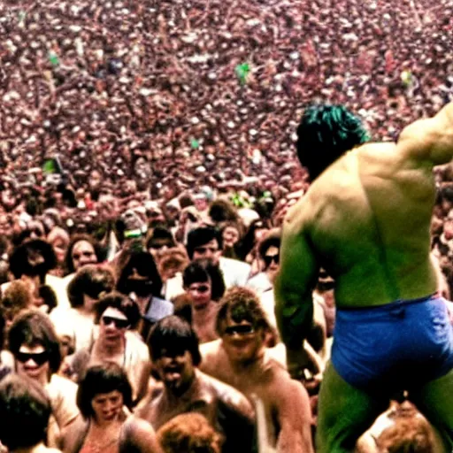 Image similar to hulk performing at woodstock, crowd of people