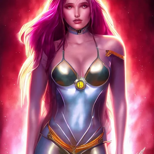 Image similar to ultra realistic illustration, bella thorne as starfire anime, intricate, elegant, highly detailed, digital painting, artstation, concept art, smooth, sharp focus, illustration, art by artgerm and greg rutkowski and alphonse mucha and wlop