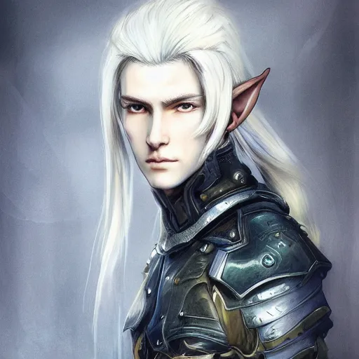 Image similar to portrait of an elf by ayami kojima, he is about 2 0 years old, androgenic, long white hair, slender and tall, smirk, he is wearing a modern tactical gear, scifi, highly detailed portrait, digital painting, artstation, concept art, smooth, sharp foccus ilustration, artstation hq