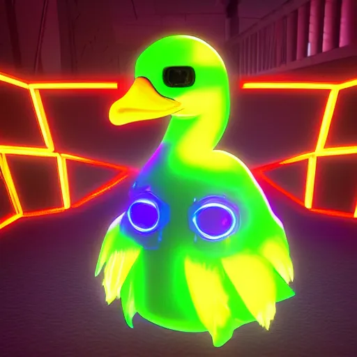 Image similar to a cybertronic duck, glowing beak, metallic, glowing, neon wings, unreal engine