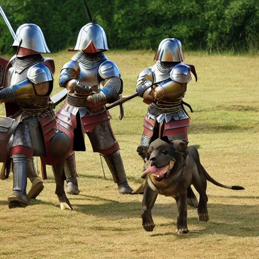 Prompt: Warrior dogs riding lions into battle, medieval weapons and armour