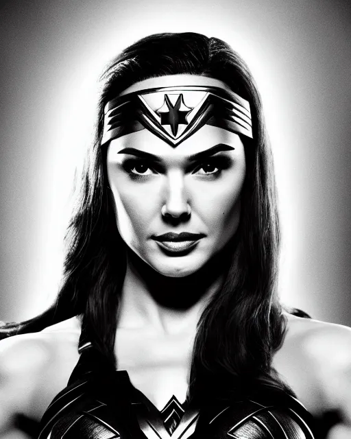 Image similar to wonderwoman portrait hd sharp monochrome noir photo with mix of gal Gadot and Linda Carter in frank Miller Alex Ross style detailed trending Leica Zeiss depth of field