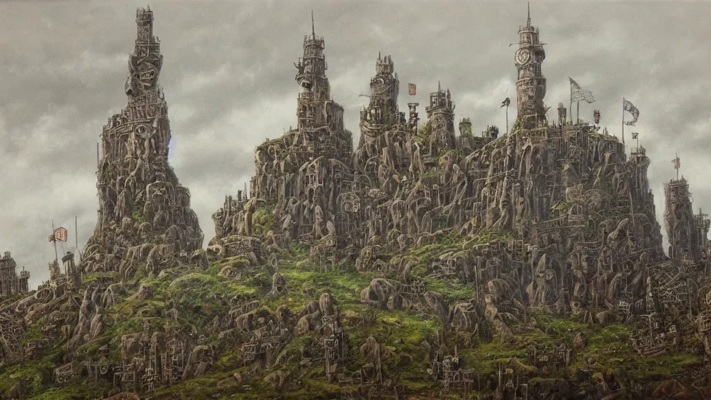 Image similar to an oil painting in the style of alan lee of a steampunk minas tirith