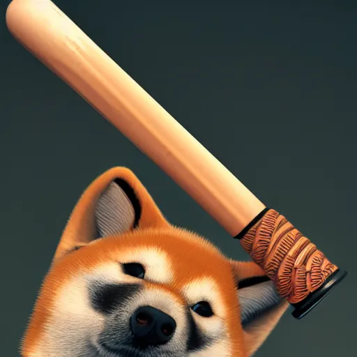 Prompt: highly detailed digital art, shiba inu holding a baseball bat on his hand, cinematic lightning, 4 k, ultra detailed, octane render, trending on artstation, masterpiece, digital art.