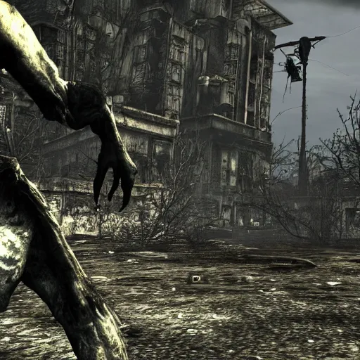 Prompt: screenshot of an undead abomination from fallout 3