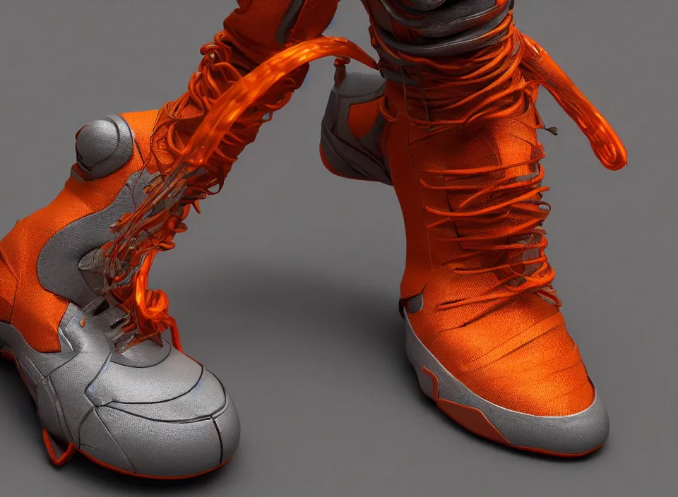 Image similar to realistic 8 k sculpture of 1 futuristic sneaker with neon illuminated rubber soles and soft orange laces on a grey surface, clean 3 d render, beautiful studio lighting, soft, sharp focus, cyberpunk, intricate detail, gold and red accents, soft rubber, octane render, trending on artstation, deviantart, art by syd mead