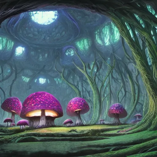 Image similar to concept art painting of a interior of a fungal circular alien fantasy fairytale house made of mushrooms, with black vines, realistic, detailed, cel shaded, magenta and gray, dark, in the style of makoto shinkai and greg rutkowski and james gurney