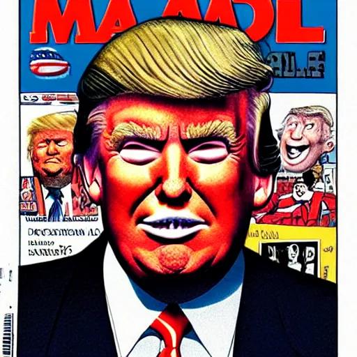 Prompt: Donald Trump on the cover of MAD MAGAZINE coverart stly Al Gaffee