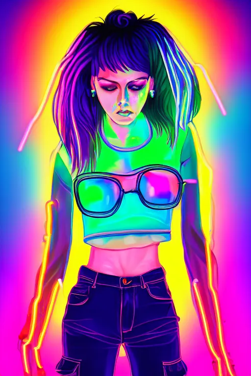 Image similar to a award winning half body portrait of a beautiful woman with stunning eyes in a croptop and cargo pants with smoking hair in rainbow colors, outlined by whirling illuminated neon lines, outrun, vaporware, shaded flat illustration, digital art, trending on artstation, highly detailed, fine detail, intricate